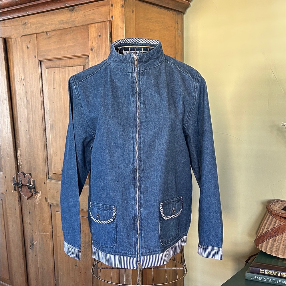 VINTAGE Blue Denim Jacket Full Zip Striped Trim Mandarin Collar